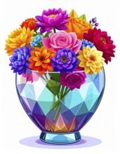Crystal glass vase with vibrant blooming flowers, vibrant vector drawing illustration for fresh