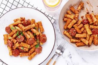 Rigatoni pasta with spicy sausage, and rich tomato sauce served, on a white plate, homemade