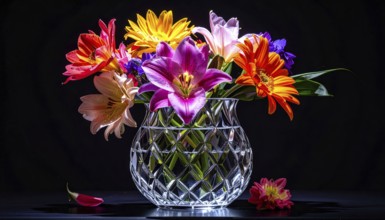 Crystal glass vase with vibrant blooming flowers, fresh spring and summer concept, AI generated