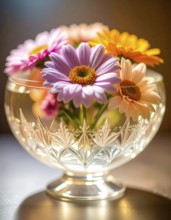 Crystal glass vase with vibrant blooming flowers, fresh spring and summer concept, AI generated
