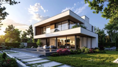 Modern residential house with green garden, simple geometric architecture, clear blue sky in the