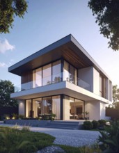 Modern residential house with green garden, simple geometric architecture, clear blue sky in the