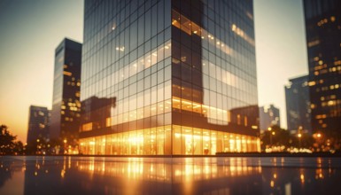 Modern building reflecting sunset light at dusk. Abstract Futuristic Business Background, AI