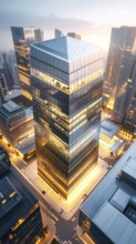 Modern building reflecting sunset light at dusk. Abstract Futuristic Business Background, AI