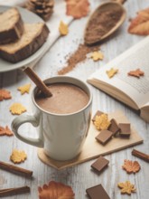 A cozy scene with a cup of hot chocolate, cinnamon sticks and autumn decorations in front of a book