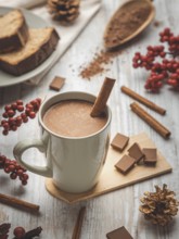 Cup of hot chocolate with cinnamon stick, autumn decorations, cake and berries