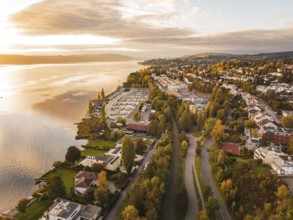 City along the coast with roads and a marina in autumn surroundings, Überlingen, Lake Constance,