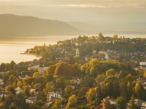 Above a town with a view of a lake and surrounded by autumn trees, Überlingen, Lake Constance,