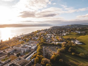 A view of the city from above with a lake in the background and autumn landscape, Überlingen, Lake
