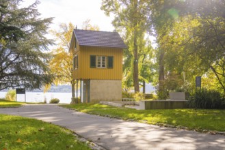 Small wooden house in a park-like area near a lake, Überlingen, Lake Constance, Germany