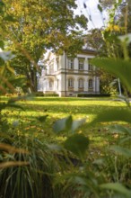 Classicist manor house behind a colorful garden, Überlingen, Lake Constance, Germany