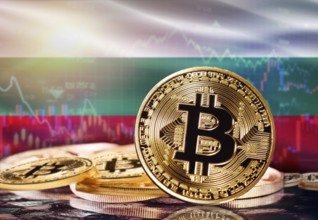 Bitcoin with Bulgaria flag in the background. Investors in cryptocurrency and Blockchain Technology