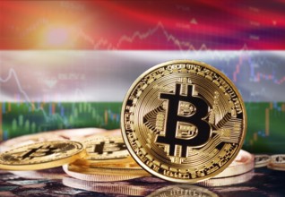 Bitcoin with Hungary flag in the background. Investors in cryptocurrency and Blockchain Technology