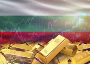 Gold bars on Bulgaria flag in background. Gold bars stacked on Bulgarian flag. Concept of Bulgaria
