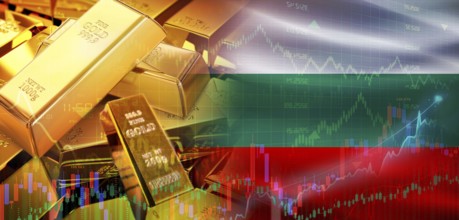 Gold bars stacked on Bulgarian flag. Bulgaria gold reserves, Concept