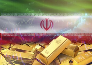 Gold bars on Iran flag in background. Gold bars stacked on Iranian flag. Concept of Iran gold