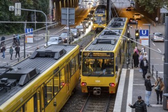 Wilhelmsplatz Bad Cannstatt stop, Stuttgarter Strassenbahnen AG, SSB. Platform with passengers.