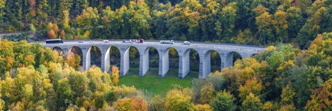 Todsburg bridge on the A8 motorway near Mühlhausen. Alpine climb to the Swabian Jura in autumn. The