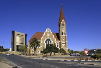 Evangelical Lutheran Christ Church from 1910, in the background the Independence Museum, Windhoek,