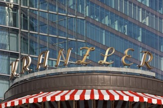 Historic logo of Café Kranzler with modern office building on Kurfürstendamm, Charlottenburg,
