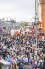 Large crowd at a lively folk festival with various rides and a lively atmosphere, Cannstatter Wasen
