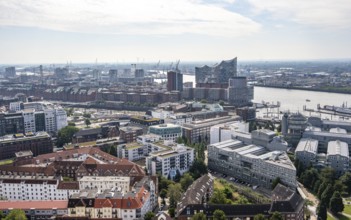 City view, view of the Elbe with Elbphilharmonie, from the tower of St Michael's Church, Hamburg,