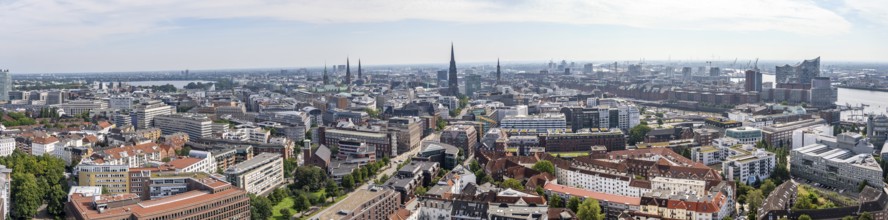 Panorama, city view, view over the city with church towers, town hall tower and Elbphilharmonie,
