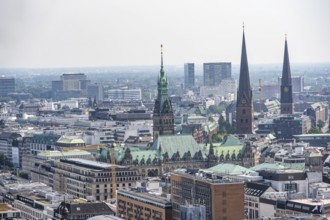 City view, view over the city with church towers and town hall tower, from the tower of St