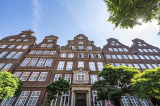 Facades of the historic brick buildings in Peterstraße, with Sonnenstern, Komponistenviertel,