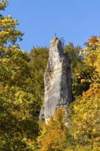 Rock needle mixed forest in autumn colours, limestone rock, autumn, Gutenstein, Danube valley,