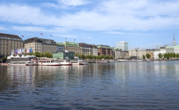 View over the Inner Alster to prestigious office blocks, hotels and commercial buildings, Hamburg,
