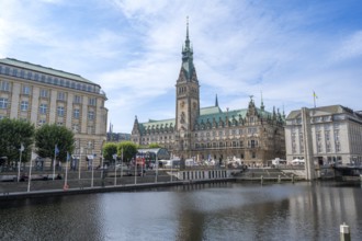 View over the Kleine Alster to Hamburg City Hall, Jungfernstieg, Hamburg, Germany