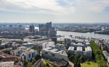 City view, view of the Elbe with Elbphilharmonie, from the tower of St Michael's Church, Hamburg,