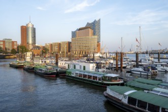 Boats in the City Sports Harbour on the Elbe, in the background Speicherstadt with Elbphilharmonie