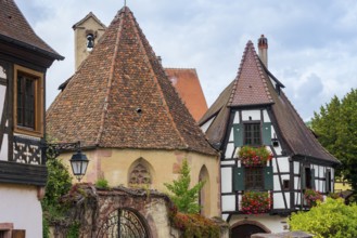 Picturesque Kaysersberg with half-timbered houses in the old town centre