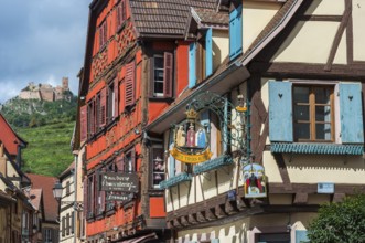 Historic town view with St Ulrich's Castle and half-timbered houses in Ribeauvillè