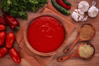 Georgian sauce, Satsebeli sauce, tomato and sweet pepper sauce, with spices, in a wooden bowl,