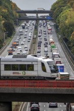 S-Bahn S28 crosses the A3 motorway between the Hilden junction and the Mettmann junction, view to