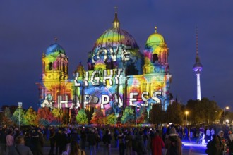 Berlin Cathedral with television tower, 21st BERLIN FESTIVAL OF LIGHTS, motto Let's Shine Together,