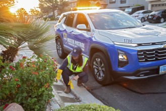 Las Vegas, Nevada - Devyn Choltko, a water waste investigator, patrols a residential neighborhood