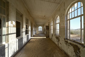 Former dwelling house full of sand, Kolmanskop, restricted diamond area, Karas region, Namibia