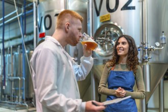 Brewery team performs quality control tasting and discussion beside stainless steel fermenters,