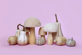 Decorative pumpkin and mushroom ornaments on pink background
