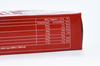 Germany - August 2025: Close up of nutritional label on ready to bake baguette with calories and