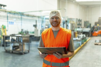 Male worker with a beard, wearing a reflective safety vest and hairnet, is confidently smiling at
