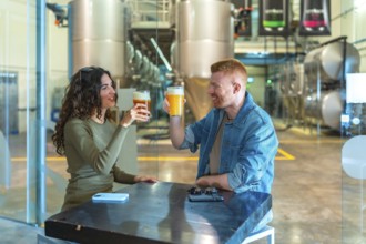 Young couple enjoying craft beer at a table, making a toast and smiling inside a modern beer