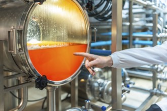 Brewery worker checking the vibrant orange liquid inside a stainless steel fermentation tank with a