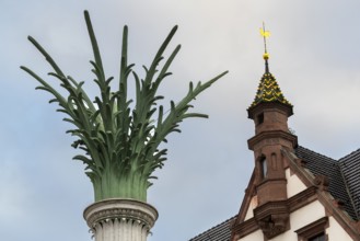 Tower of the Nikolai Church and top of the Nikolai Column, Leipzig, Saxony, Germany