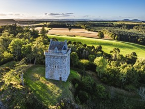 Fatlips Castle from a drone, Minto Crags, River Teviot, Roxburghshire, Scottish Borders, Scotland,