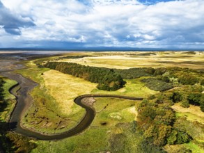 Marshes over Aberlady Bay and Peffer Burn from a drone, Luffness Castle, Aberlady, East Lothian,